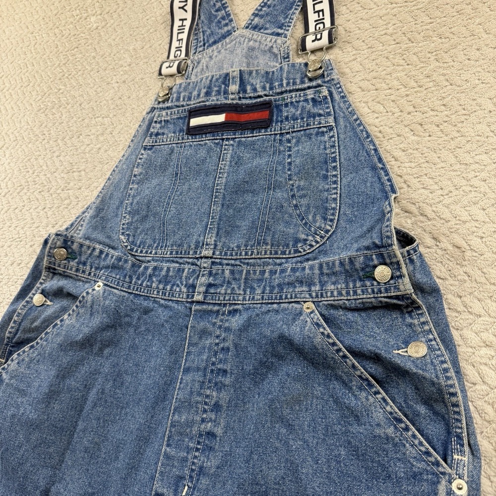 Vintage Tommy Hilfiger Denim Shortalls Womens Large Blue Logo Straps 90s Y2K - Picture 7 of 16